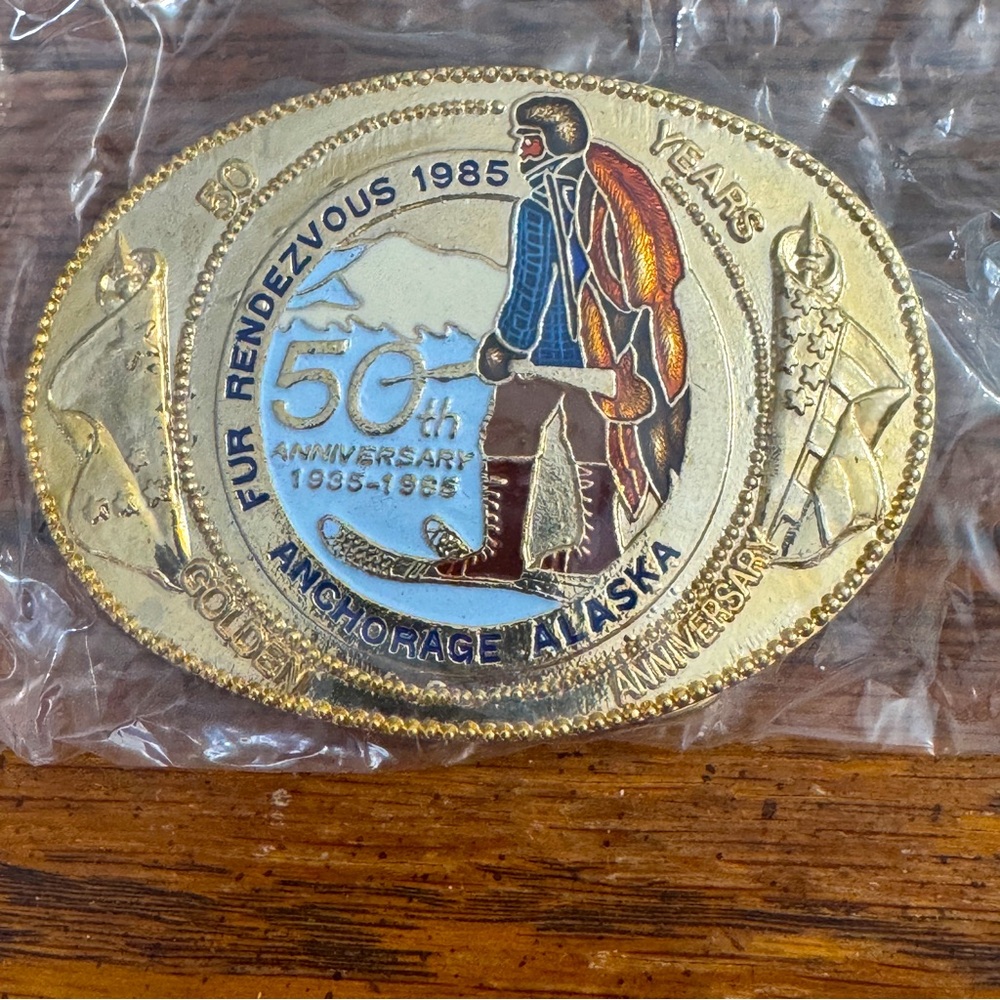 Gold color Anchorage Fur Rondy Alaska 50th Anniversary Belt Buckle